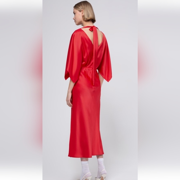 HUGO BOSS Satin V-Neck Dress With Back-Neck Tie Detail, Size 4, Colour: Red - Picture 2 of 6